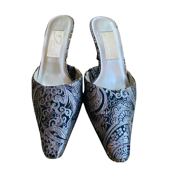 Silver metallic brocade high heels dressy retro slip ons mules slides US 9.5M - Picture 2 of 8